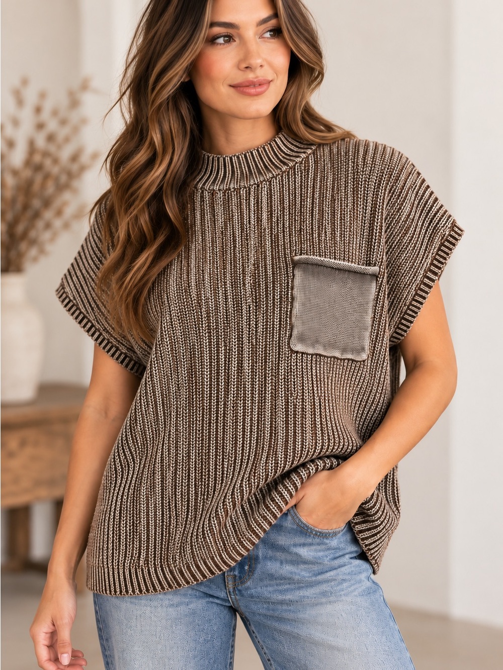 Zenana Rib-Knit Short Sleeve Sweater with Pocket